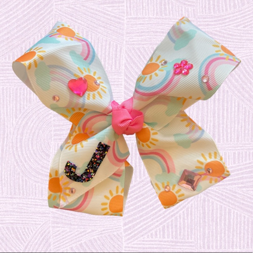 🌈 Handcrafted 5 inch hair bow with glitter letter “J” 💝